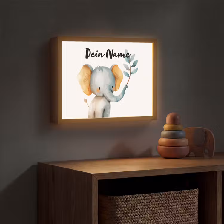Olifant - Dier - Pastel kleuren Light Box met batterij (Wandlamp kind) middel -sfeer5_kind