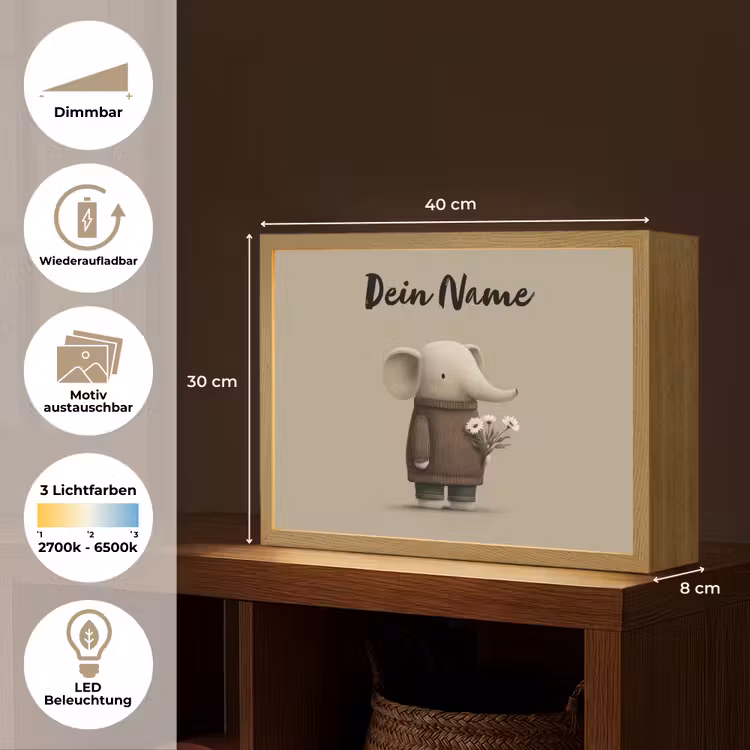 Olifant - Witte bloemen - Kindvriendelijk Light Box met batterij (Wandlamp kind) middel -USP_websiteoverzichtDE