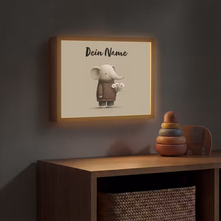 Olifant - Witte bloemen - Kindvriendelijk Light Box met batterij (Wandlamp kind) middel -sfeer5_kind