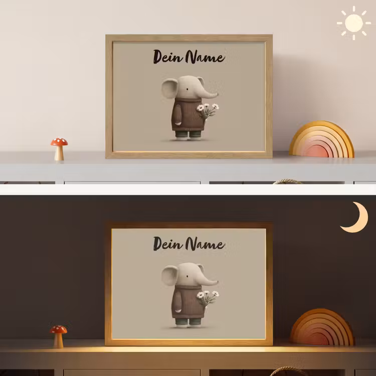Olifant - Witte bloemen - Kindvriendelijk Light Box met batterij (Wandlamp kind) middel -sfeer3_kind