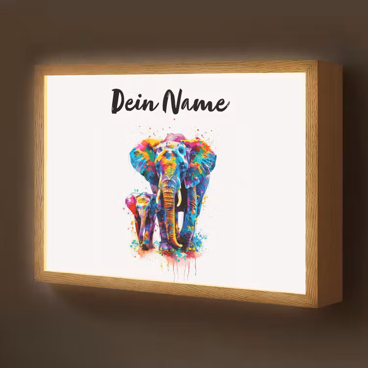 Olifanten - Dieren - Verf - Kleurrijk Light Box met batterij (Wandlamp kind) middel -z3d_website