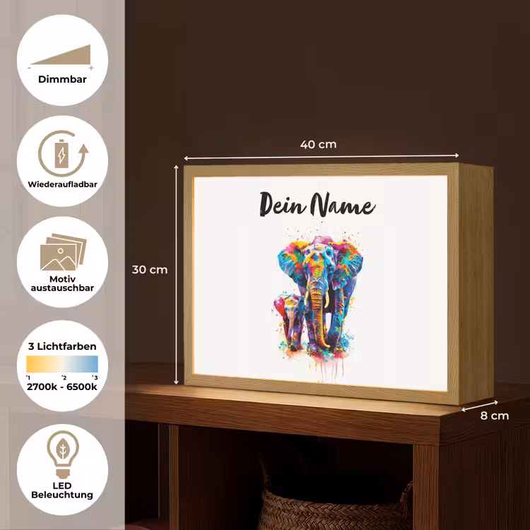 Olifanten - Dieren - Verf - Kleurrijk Light Box met batterij (Wandlamp kind) middel -USP_websiteoverzichtDE