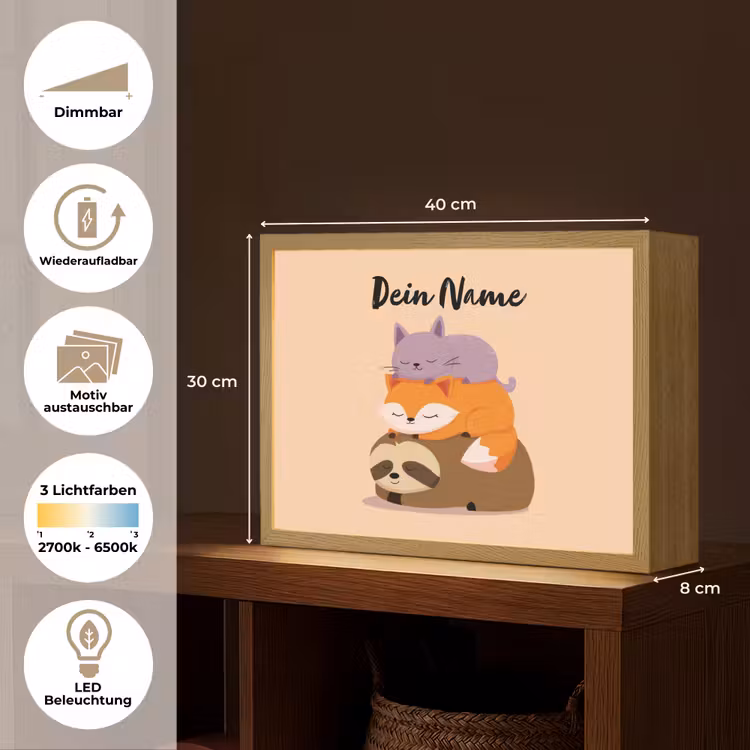 Luiaard - Vos - Kat - Slaperig Light Box met batterij (Wandlamp kind) middel -USP_websiteoverzichtDE