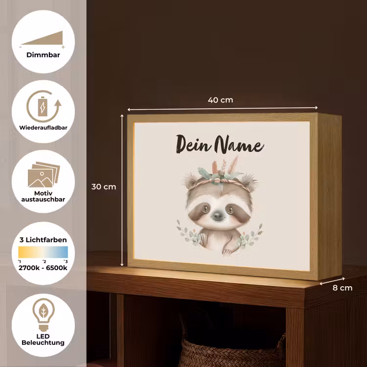 Luiaard - Dieren - Bohemian - Boho Light Box met batterij (Wandlamp kind) middel -USP_websiteoverzichtDE