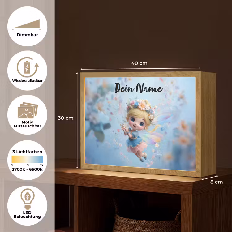 Fee - Bloemen - Sprookje - Blauw Light Box met batterij (Wandlamp kind) middel -USP_websiteoverzichtDE