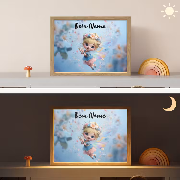 Fee - Bloemen - Sprookje - Blauw Light Box met batterij (Wandlamp kind) middel -sfeer3_kind