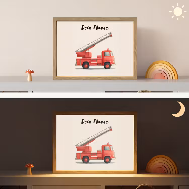 Brandweerwagen - Getekend - Rood Light Box met batterij (Wandlamp kind) middel -sfeer3_kind