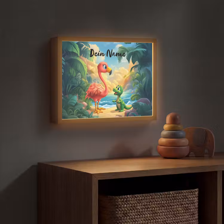 Flamingo - Dinosaurus - Strand - Kleurrijk Light Box met batterij (Wandlamp kind) middel -sfeer5_kind
