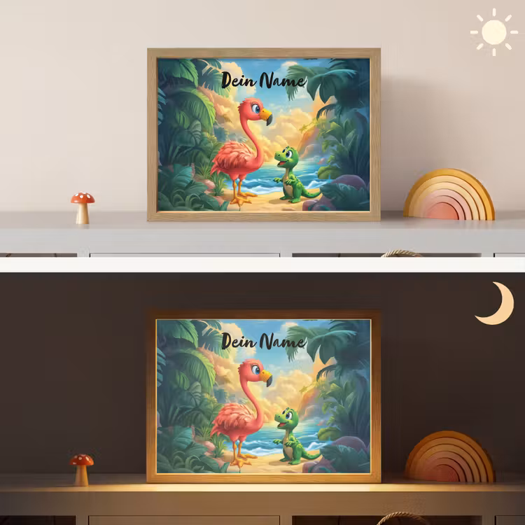 Flamingo - Dinosaurus - Strand - Kleurrijk Light Box met batterij (Wandlamp kind) middel -sfeer3_kind