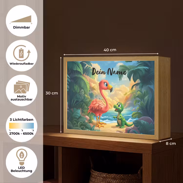 Flamingo - Dinosaurus - Strand - Kleurrijk Light Box met batterij (Wandlamp kind) middel -USP_websiteoverzichtDE