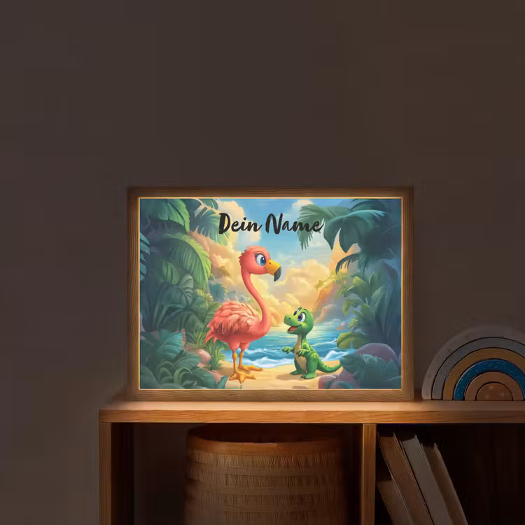Flamingo - Dinosaurus - Strand - Kleurrijk Light Box met batterij (Wandlamp kind) middel -sfeer1_kind