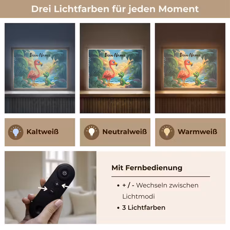 Flamingo - Dinosaurus - Strand - Kleurrijk Light Box met batterij (Wandlamp kind) middel -USP_lichtkleurDE