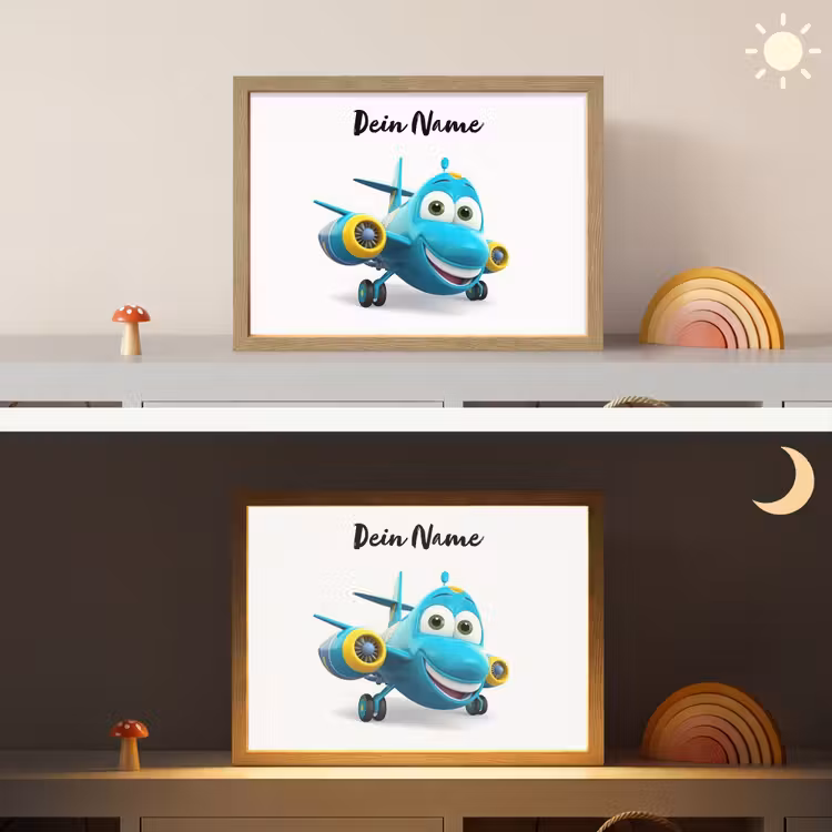Vliegtuig - Blauw - Kinderen - Jongens Light Box met batterij (Wandlamp kind) middel -sfeer3_kind