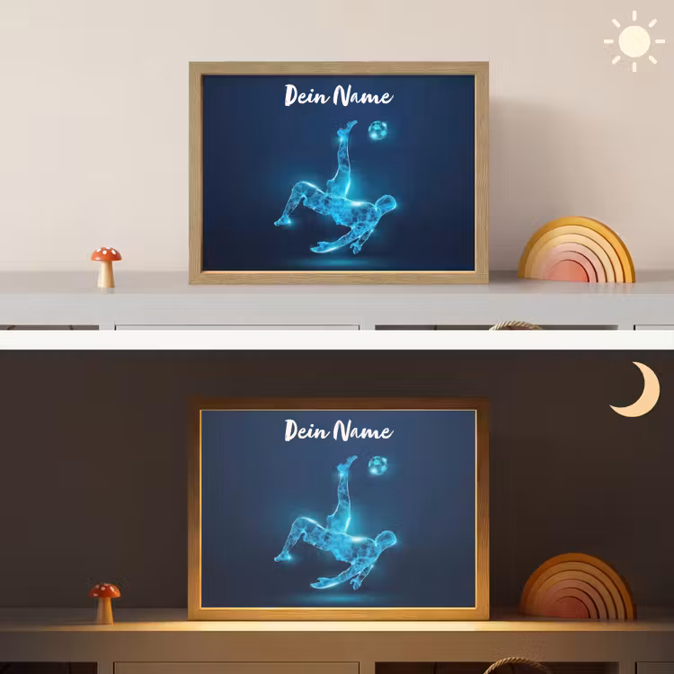 Voetballer - Blauw - Neon Light Box met batterij (Wandlamp kind) middel -sfeer3_kind