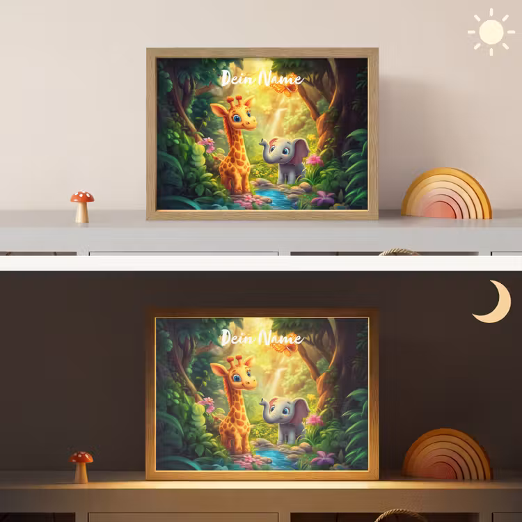 Giraf - Olifant - Bloemen - Jungle Light Box met batterij (Wandlamp kind) middel -sfeer3_kind