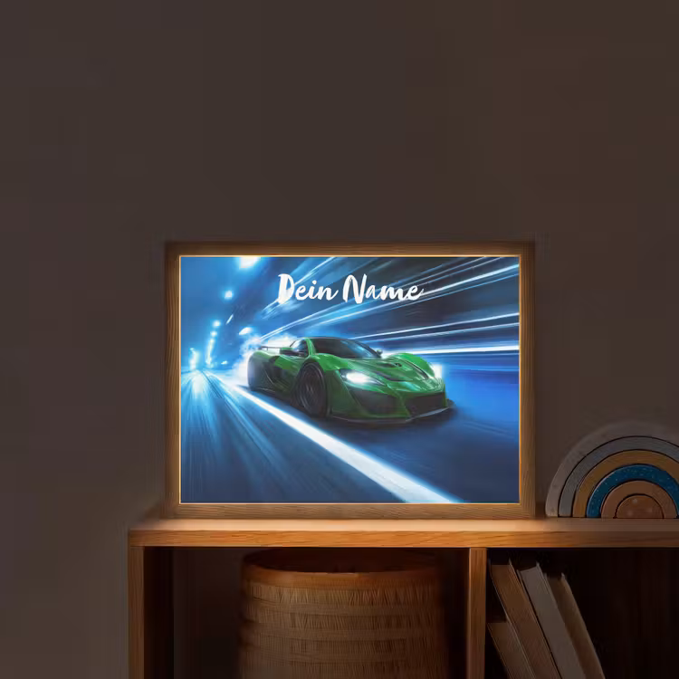 Groene racewagen - Blauw - Neon - Licht Light Box met batterij (Wandlamp kind) middel -sfeer1_kind