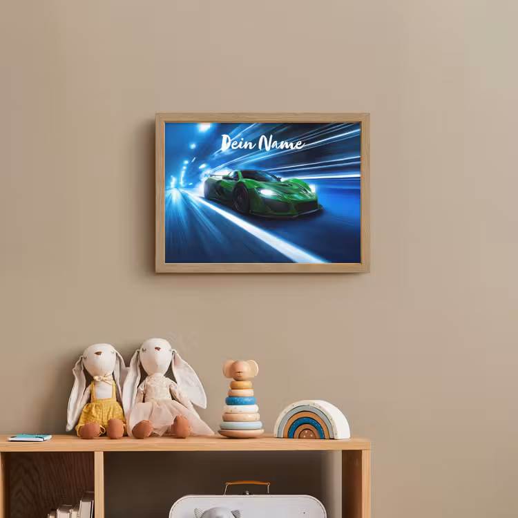 Groene racewagen - Blauw - Neon - Licht Light Box met batterij (Wandlamp kind) middel -sfeer2_kind