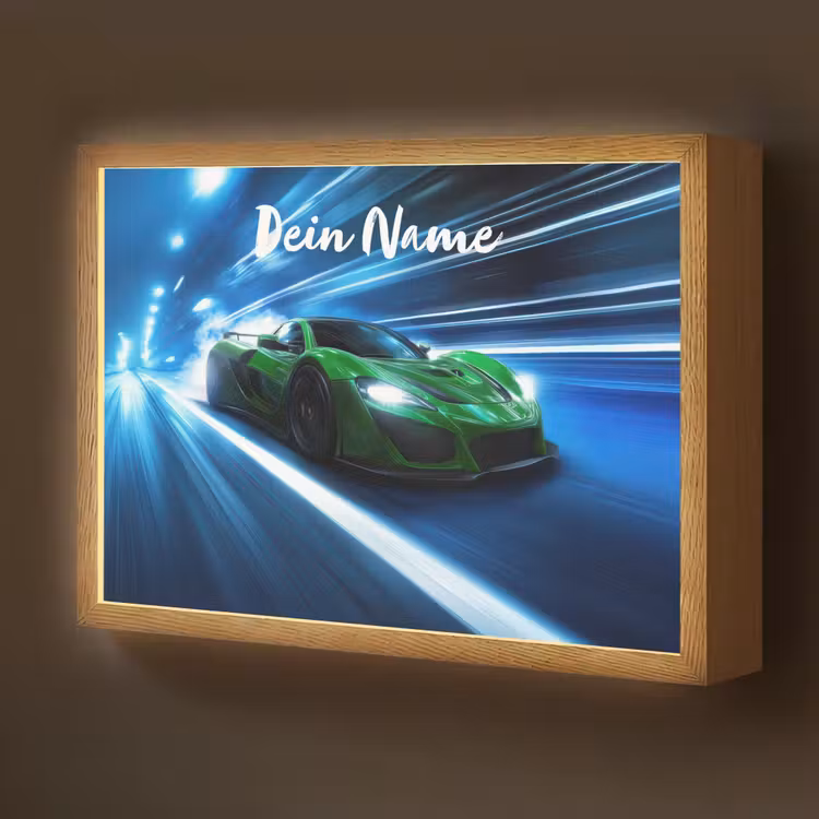 Groene racewagen - Blauw - Neon - Licht Light Box met batterij (Wandlamp kind) middel -z3d_website