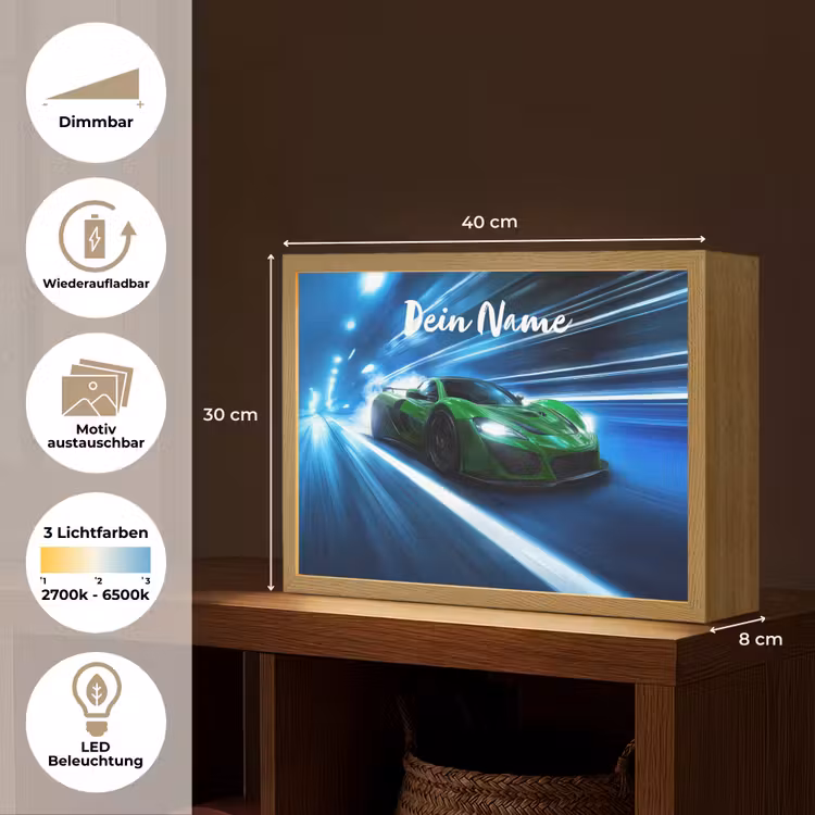 Groene racewagen - Blauw - Neon - Licht Light Box met batterij (Wandlamp kind) middel -USP_websiteoverzichtDE
