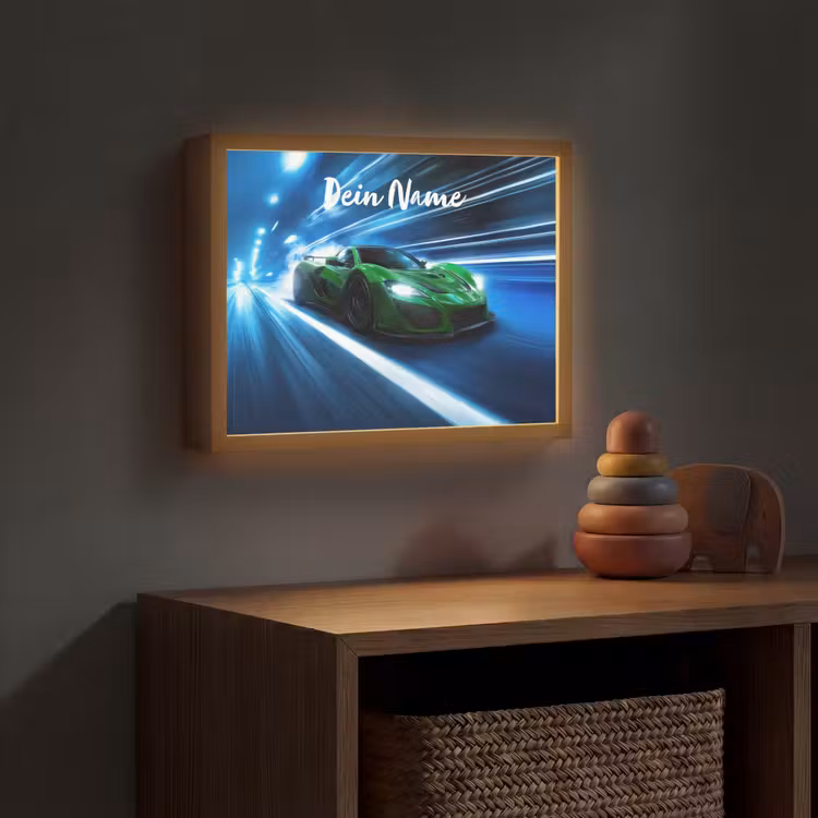 Groene racewagen - Blauw - Neon - Licht Light Box met batterij (Wandlamp kind) middel -sfeer5_kind