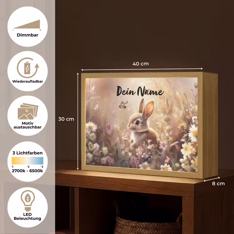 Konijntje - Bruin - Bloemen - Vlinders Light Box met batterij (Wandlamp kind) middel -USP_websiteoverzichtDE