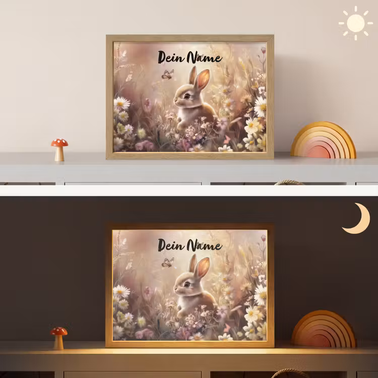 Konijntje - Bruin - Bloemen - Vlinders Light Box met batterij (Wandlamp kind) middel -sfeer3_kind