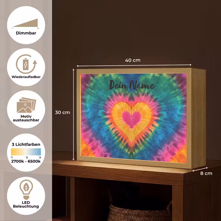 Hart - Kleurrijk - Regenboog - Tie Dye Light Box met batterij (Wandlamp kind) middel -USP_websiteoverzichtDE