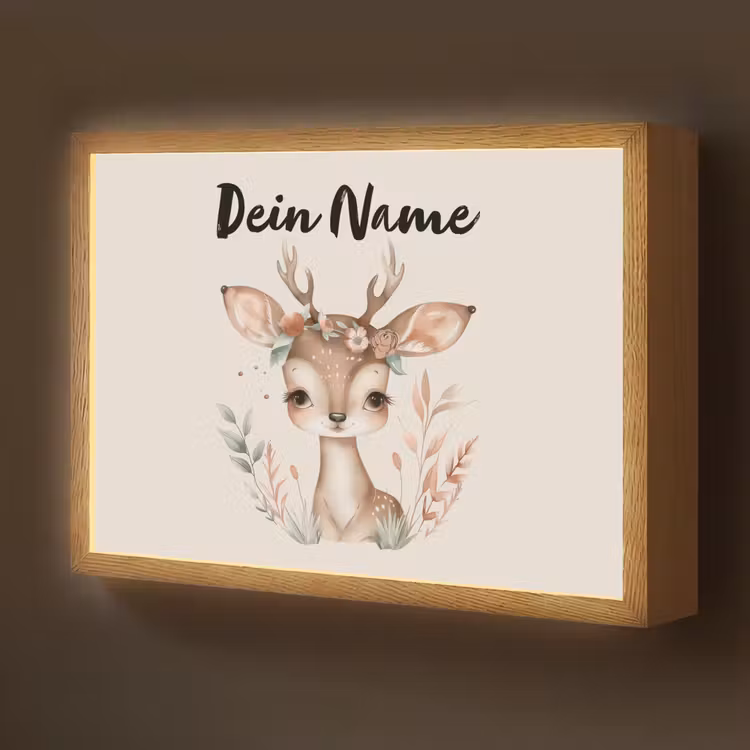 Hert - Bohemian - Bloemen - Bosdieren Light Box met batterij (Wandlamp kind) middel -z3d_website