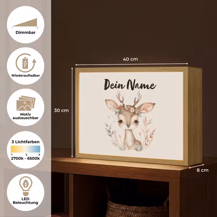 Hert - Bohemian - Bloemen - Bosdieren Light Box met batterij (Wandlamp kind) middel -USP_websiteoverzichtDE