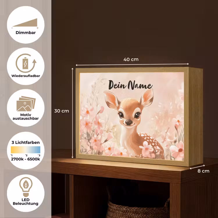 Hertje - Illustratie - Bloemen - Roze Light Box met batterij (Wandlamp kind) middel -USP_websiteoverzichtDE
