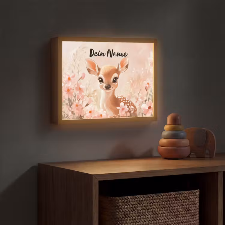 Hertje - Illustratie - Bloemen - Roze Light Box met batterij (Wandlamp kind) middel -sfeer5_kind