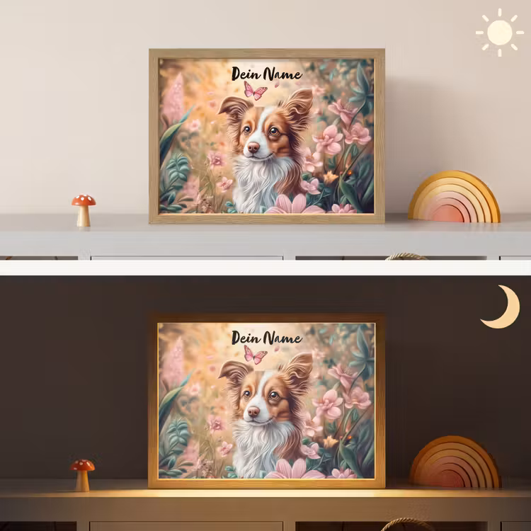 Hond - Bloemen - Roze Light Box met batterij (Wandlamp kind) middel -sfeer3_kind