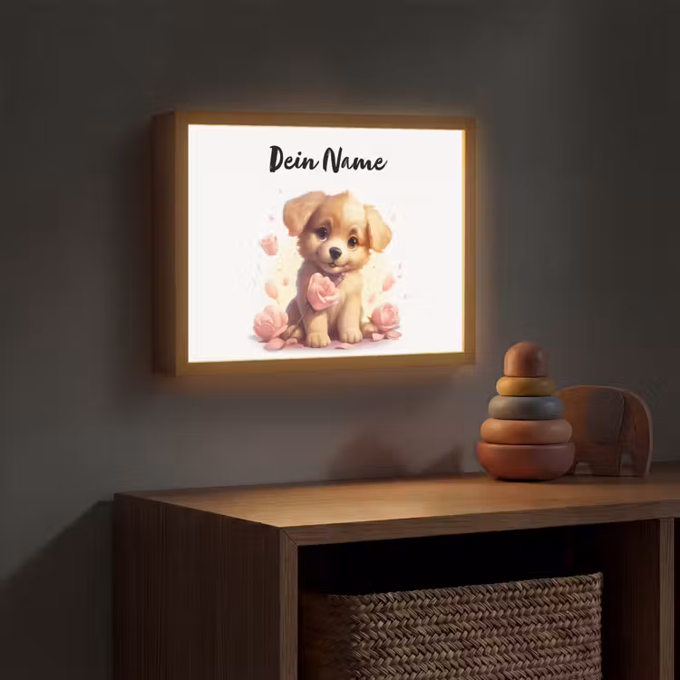 Hond - Bloemen - Roze - Meisjes - Kind Light Box met batterij (Wandlamp kind) middel -sfeer5_kind