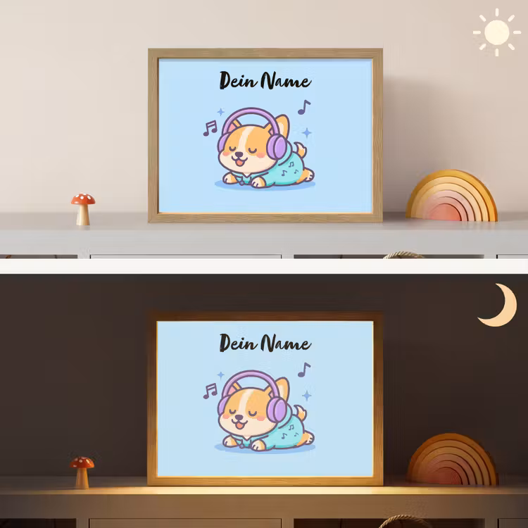 Hondje - Koptelefoon - Blauw - Muzieknoten Light Box met batterij (Wandlamp kind) middel -sfeer3_kind