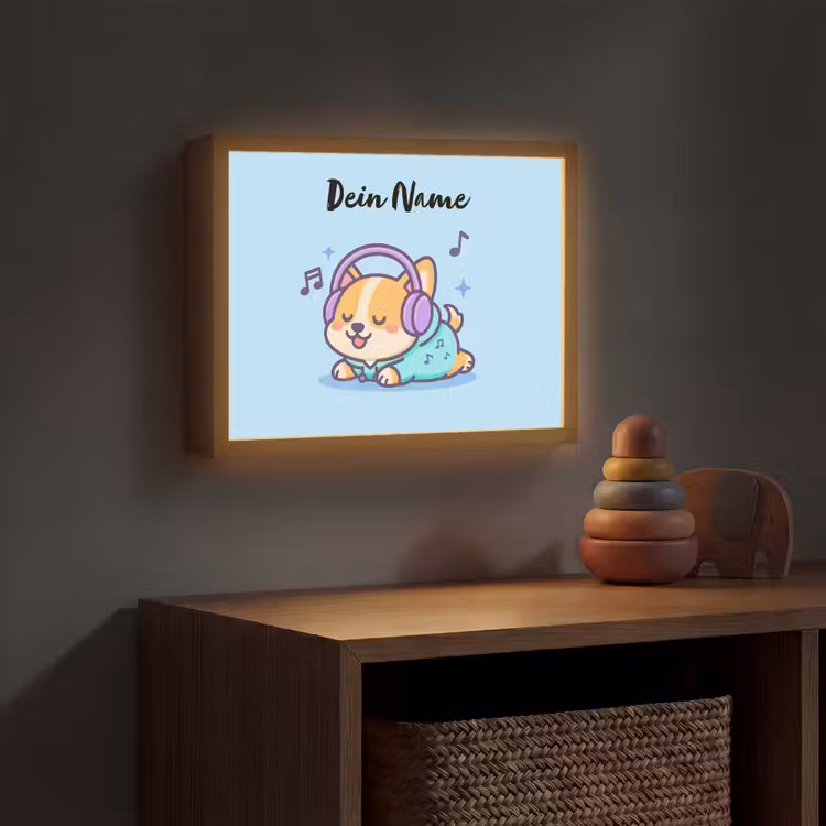 Hondje - Koptelefoon - Blauw - Muzieknoten Light Box met batterij (Wandlamp kind) middel -sfeer5_kind