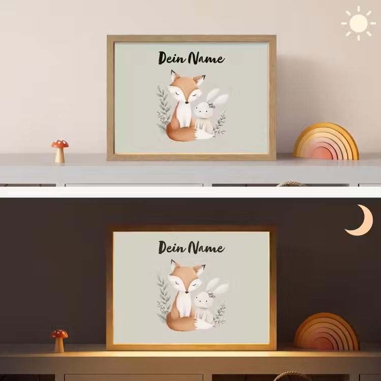 Illustratie - Vos - Konijn - Bladeren Light Box met batterij (Wandlamp kind) middel -sfeer3_kind