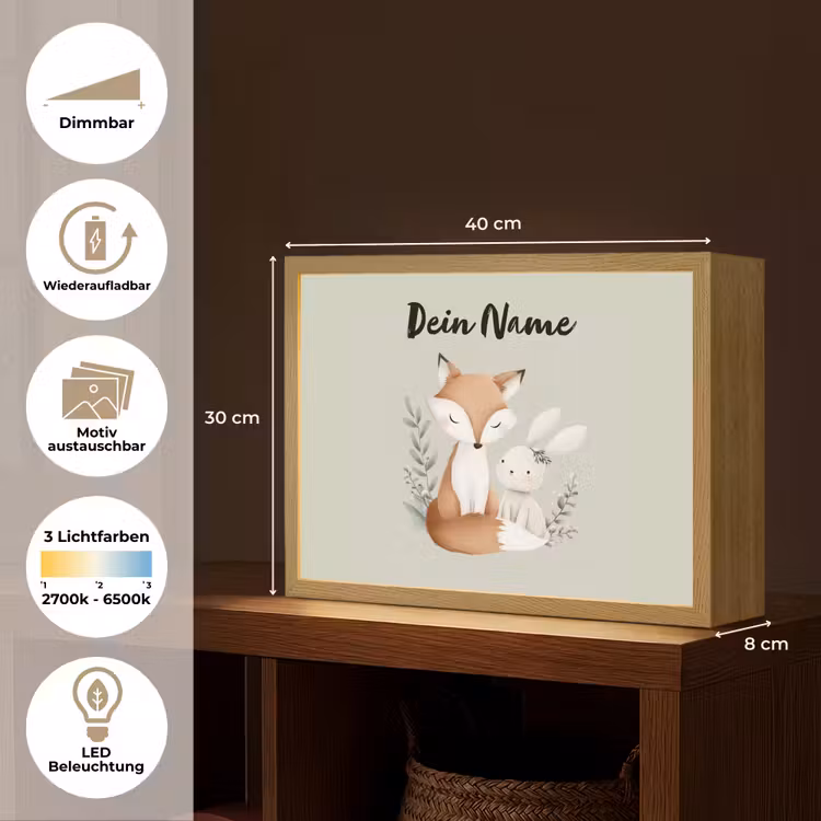 Illustratie - Vos - Konijn - Bladeren Light Box met batterij (Wandlamp kind) middel -USP_websiteoverzichtDE