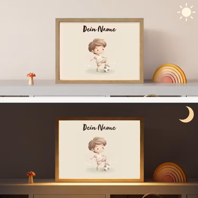 Jongen - Bruin - Voetbal - Minimalistisch Light Box met batterij (Wandlamp kind) middel -sfeer3_kind