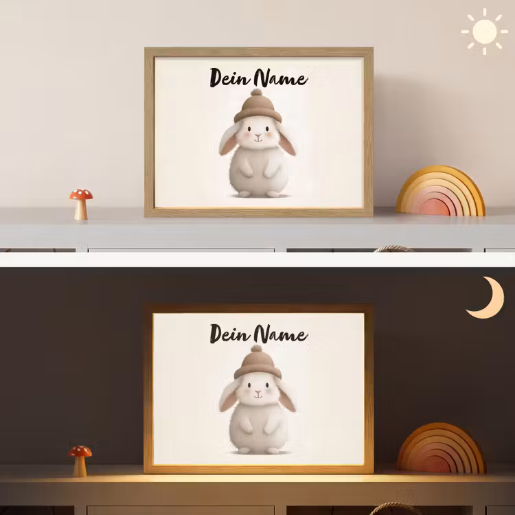Konijn - Muts - Oren - Beige Light Box met batterij (Wandlamp kind) middel -sfeer3_kind