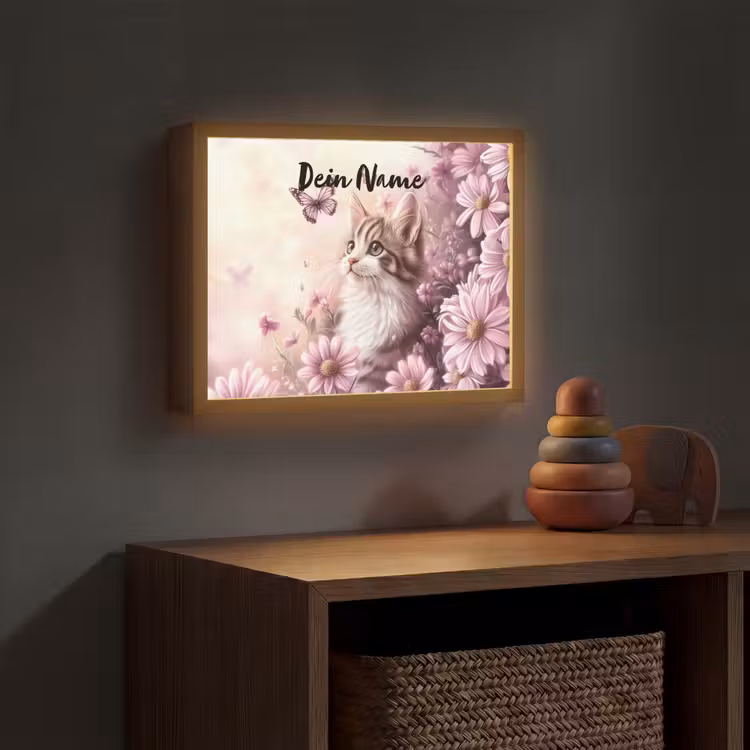Kitten - Bloemen - Vlinders - Paars Light Box met batterij (Wandlamp kind) middel -sfeer5_kind