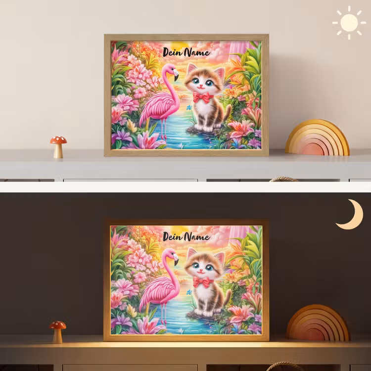 Kitten - Flamingo - Bloemen Light Box met batterij (Wandlamp kind) middel -sfeer3_kind