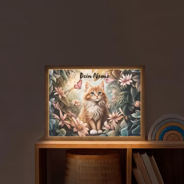 Kat - Bloemen - Vlinders - Roze Light Box met batterij (Wandlamp kind) middel -sfeer1_kind