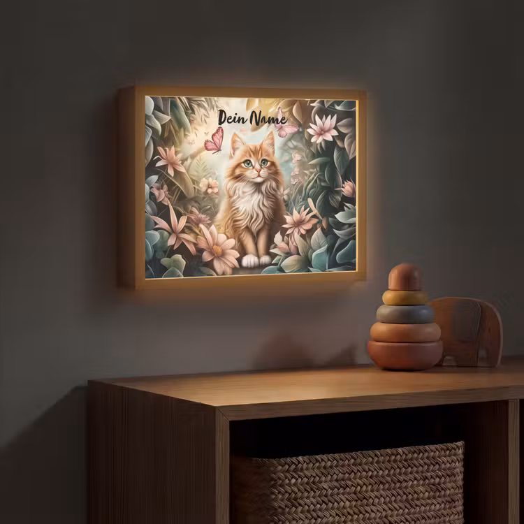 Kat - Bloemen - Vlinders - Roze Light Box met batterij (Wandlamp kind) middel -sfeer5_kind