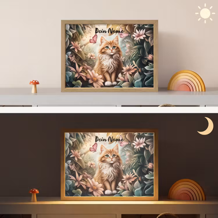 Kat - Bloemen - Vlinders - Roze Light Box met batterij (Wandlamp kind) middel -sfeer3_kind