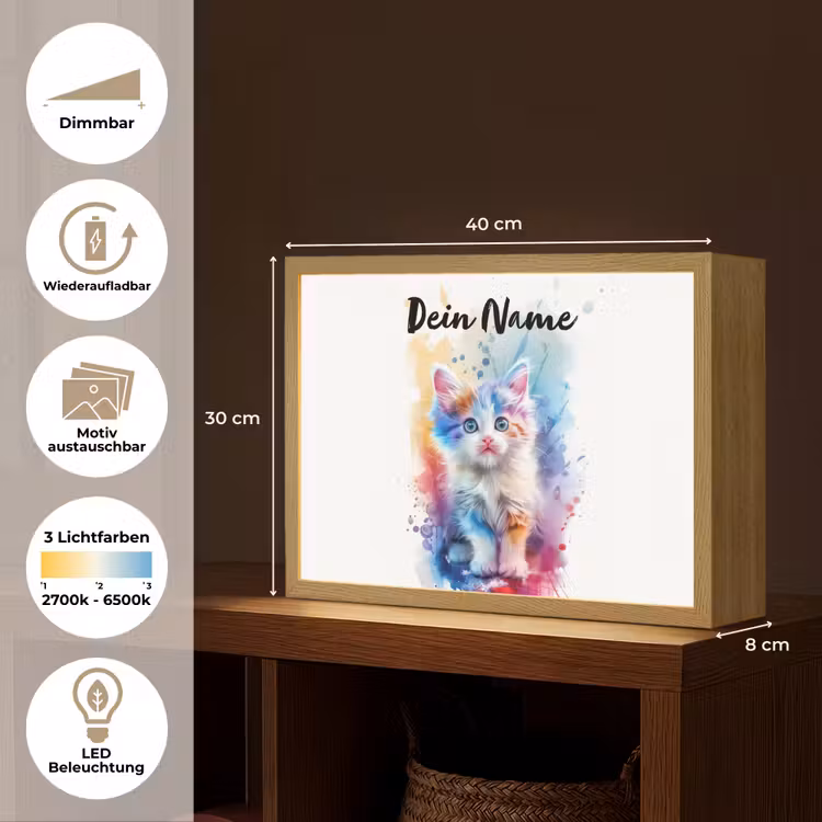 Kat - Kleurrijk - Verf - Dier - Wit Light Box met batterij (Wandlamp kind) middel -USP_websiteoverzichtDE