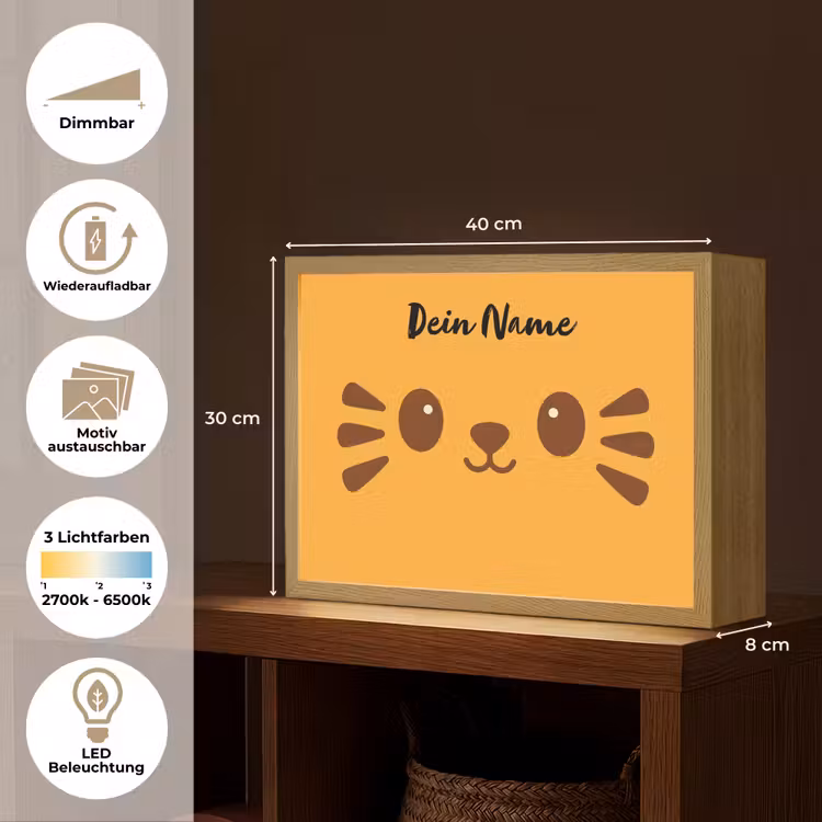 Kat - Minimalistisch - Oranje - Vrolijk Light Box met batterij (Wandlamp kind) middel -USP_websiteoverzichtDE