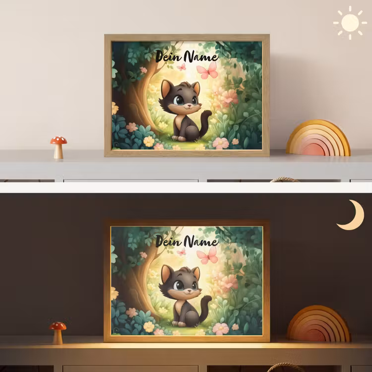 Kat - Vlinder - Bloemen Light Box met batterij (Wandlamp kind) middel -sfeer3_kind