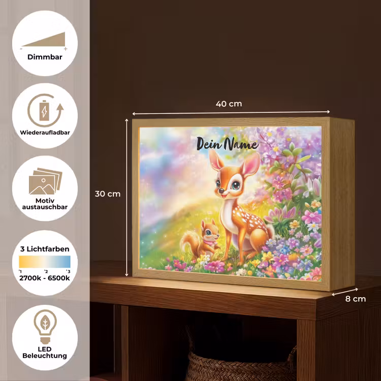Hertje - Eekhoorn - Bloemenveld - Kleurrijk Light Box met batterij (Wandlamp kind) middel -USP_websiteoverzichtDE