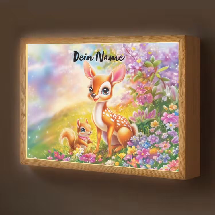 Hertje - Eekhoorn - Bloemenveld - Kleurrijk Light Box met batterij (Wandlamp kind) middel -z3d_website