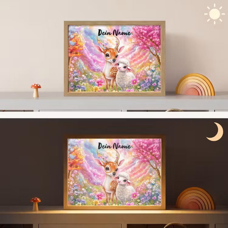 Hertje - Lammetje - Bloemen - Pastel Light Box met batterij (Wandlamp kind) middel -sfeer3_kind